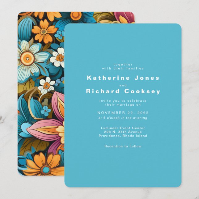 Convite Casamento Floral Turquesa Retro Contemporâneo (Frente/Verso)