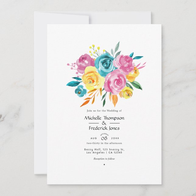 Convite Casamento Floral Turquesa, Rosa e Amarelo (Frente)