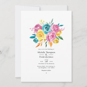 Convite Casamento Floral Turquesa, Rosa e Amarelo