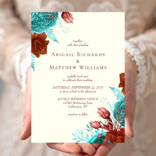 Convite Casamento Floral Turquesa Rústico Marfim Romântico
