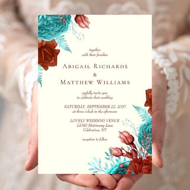 Convite Casamento Floral Turquesa Rústico Marfim Romântico (Criador carregado)
