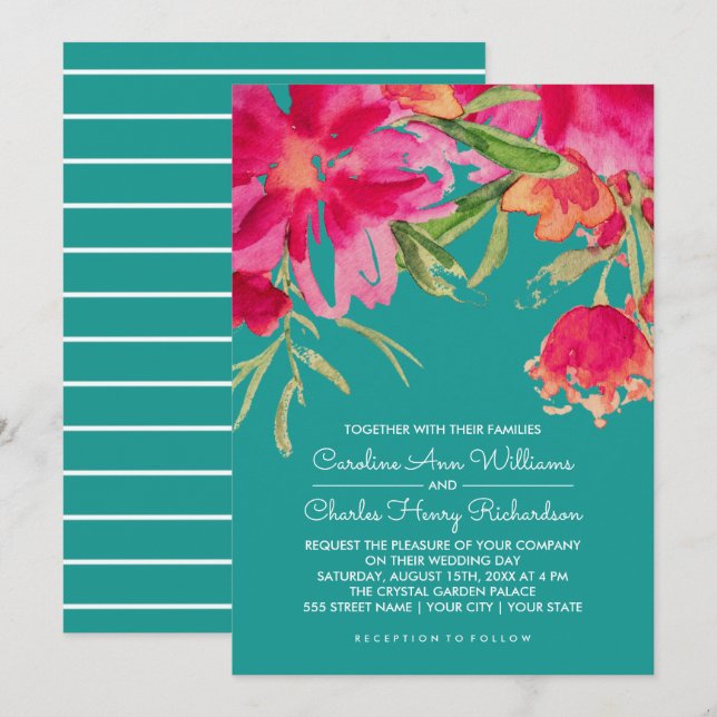 Convite Casamento Floral Turquoise Fuchsia Watercolor (Frente/Verso)