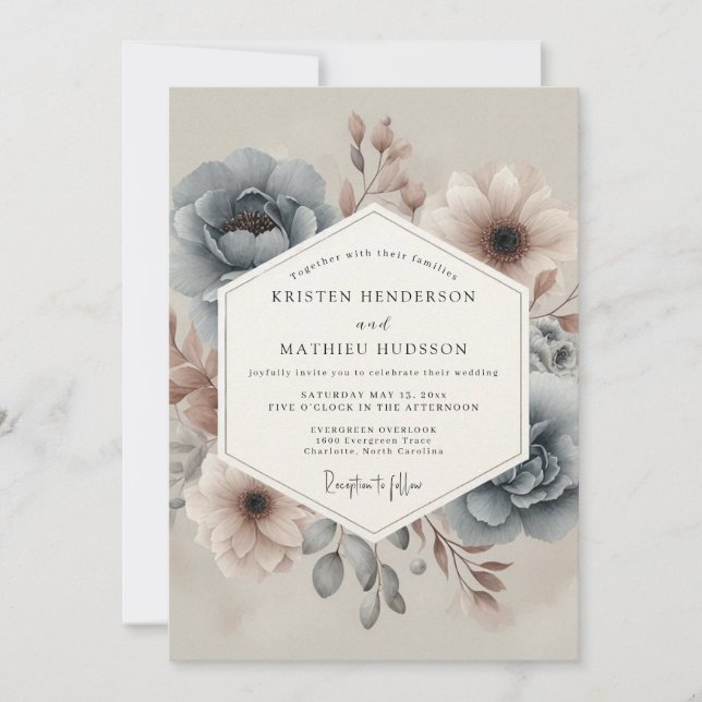 Convite Casamento Floral Turvo em Slate (Frente)