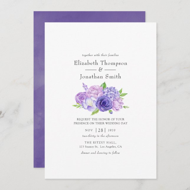 Convite Casamento Floral Ultra Violet Watercolor (Frente/Verso)