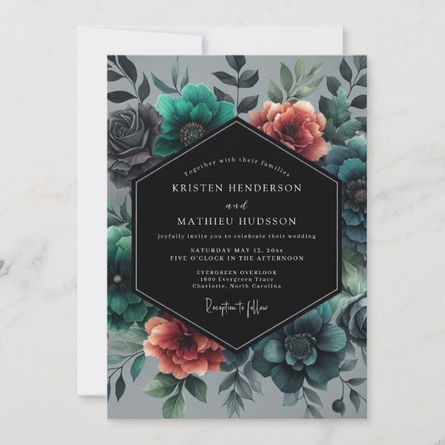 Convite Casamento Floral Veneziano Turquesa (Frente)