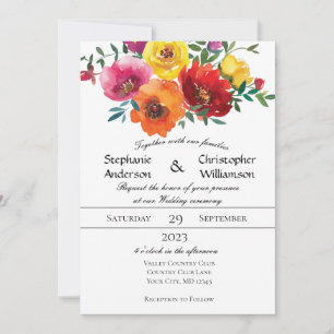 Convite Casamento Floral Verde Água-marinha Amarelo Vermel