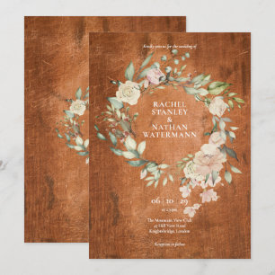Convite Casamento Floral Verde Água-Rosa Madeira Rústica