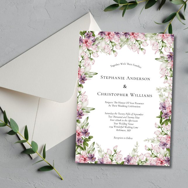 Convite Casamento Floral Verde Água Rosa Roxo (Pink Purple Watercolor Floral Elegant Modern Wedding Invitation. Printed or Digital Download)