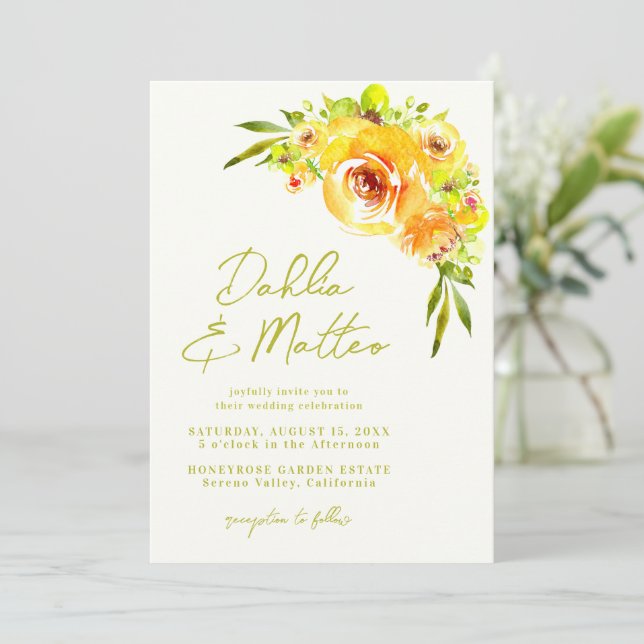 Convite Casamento Floral Verde Amarelo Rústico Manuscrito (Em pé/Frente)