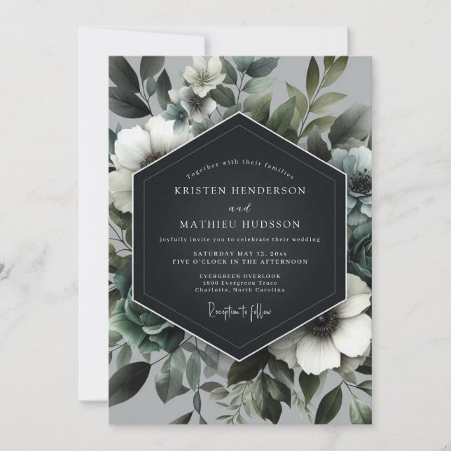 Convite Casamento Floral Verde Ardósia (Frente)