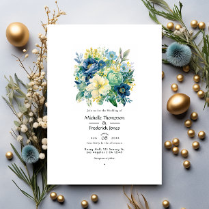 Convite Casamento Floral Verde, Azul Marinho, Azul Claro e