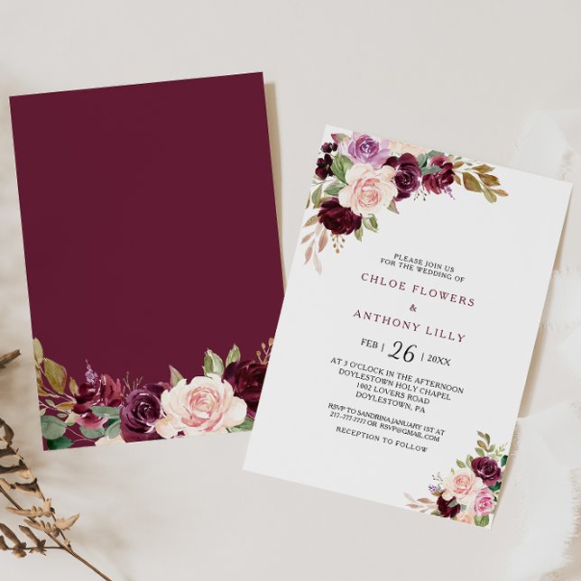 Convite Casamento Floral Verde Blush Burgundy (Criador carregado)