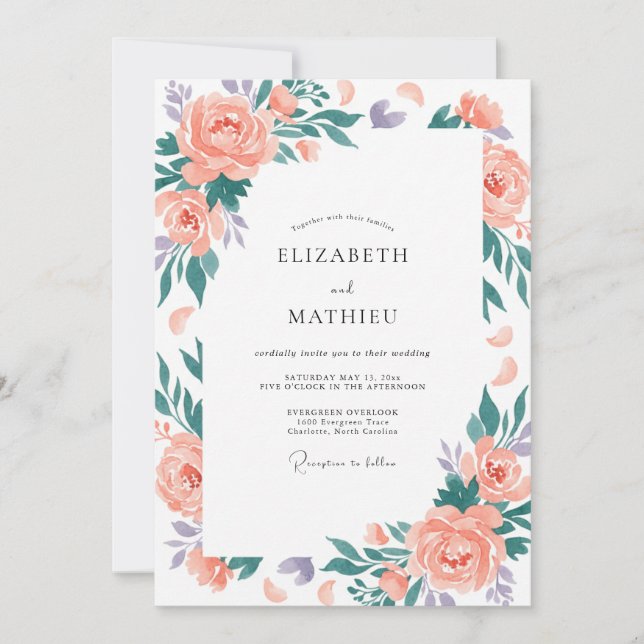 Convite Casamento Floral Verde Claro Pêssego (Frente)