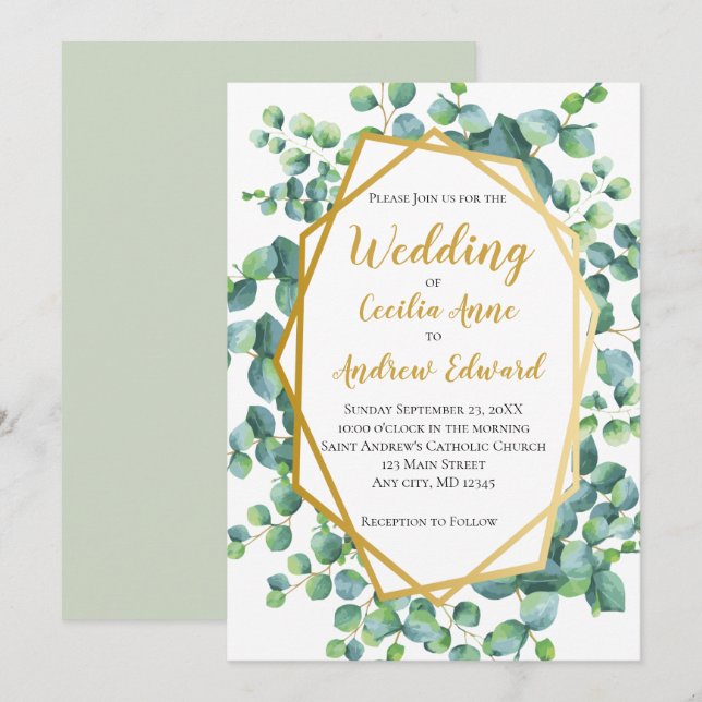 Convite Casamento Floral Verde com Eucalipto e Moldura Dou (Frente/Verso)