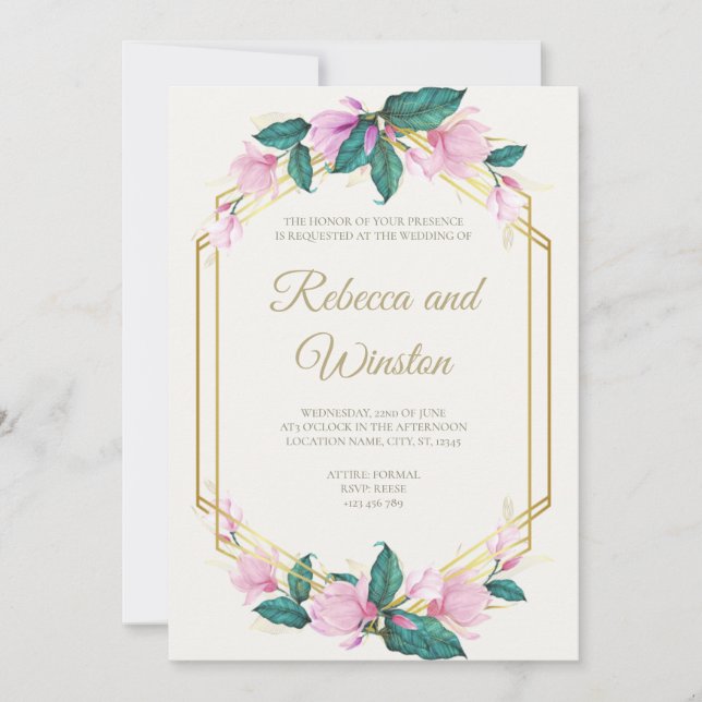 Convite Casamento Floral Verde com Rosa Desbotado e Dourad (Frente)