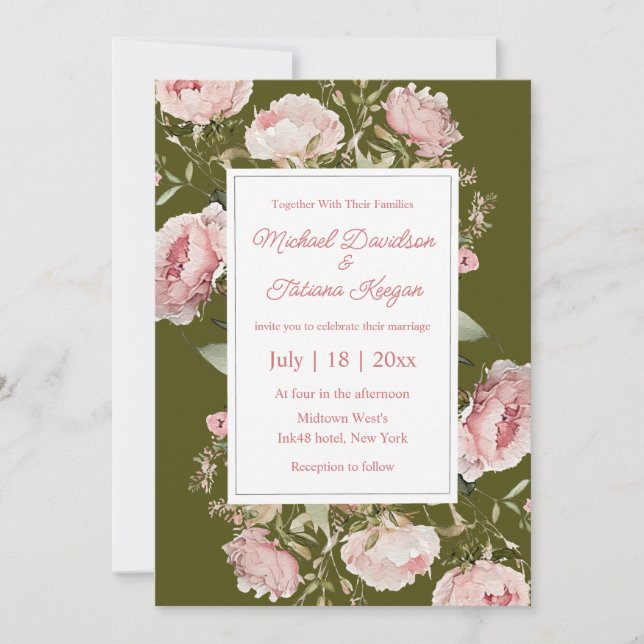 Convite casamento floral verde cor d'água rosa (Frente)