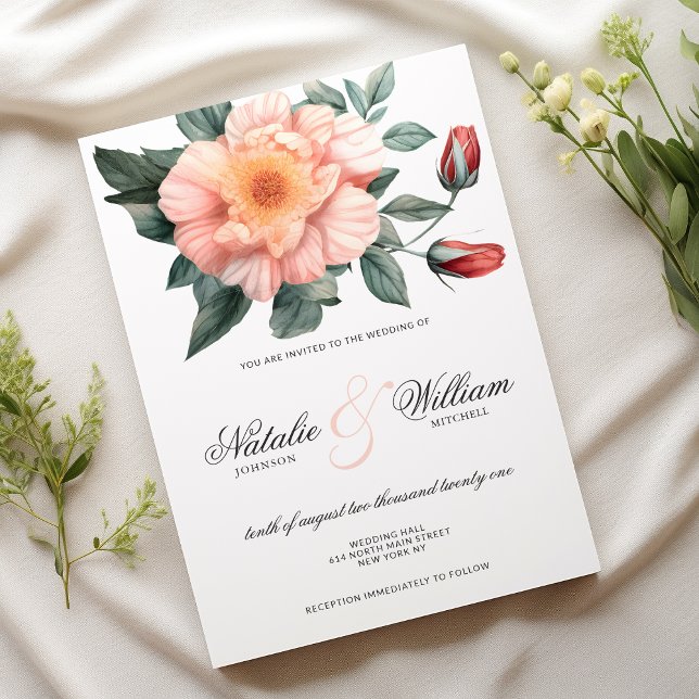 Convite Casamento floral verde cor-de-rosa esbranquiçado (Watercolor white blush pink green floral wedding)