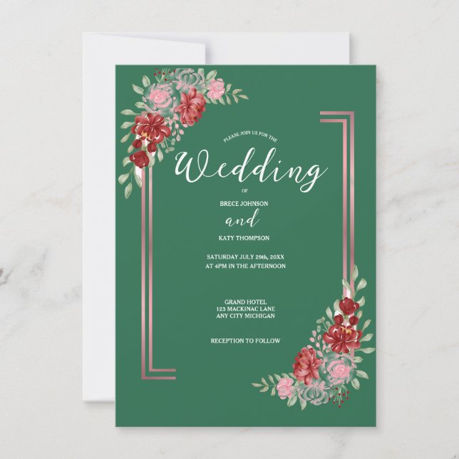 Convite Casamento Floral Verde da Borgonha e Rosa (Frente)