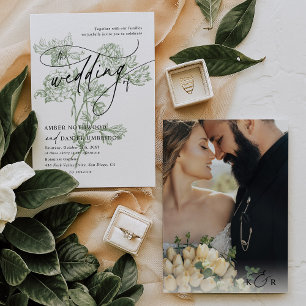 Convite Casamento Floral Verde da Fotografia da Caligrafia