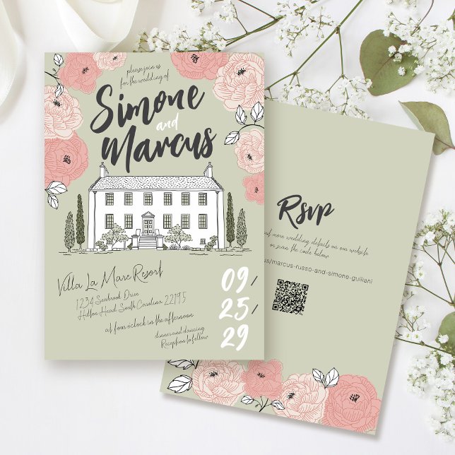Convite Casamento Floral Verde De Villa Sage Com Desenho Ú (Whimsical sage green pink floral unique hand drawn handwritten illustrated villa wedding invitation)