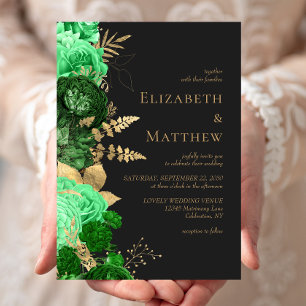 Convite Casamento Floral Verde Dourado Romântico Escuro