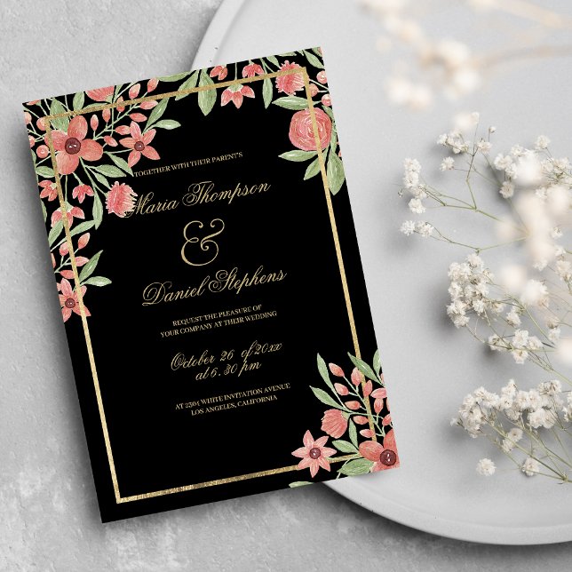 Convite Casamento Floral Verde Dourado Rosa-Rosa-Rosa-Chic (Country Chic Black Gold Pink Green Floral Wedding )