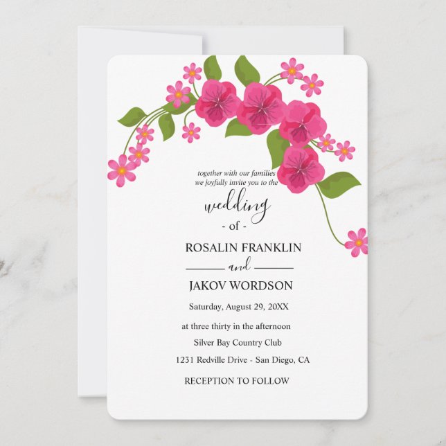 Convite casamento floral verde e magenta claro (Frente)