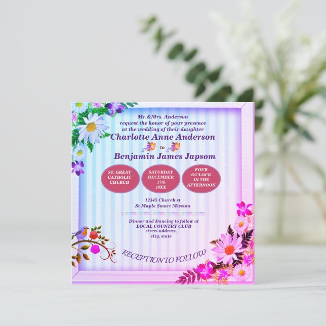 Convite Casamento Floral Verde e Rosa Gradiente Elegante (Em pé/Frente)