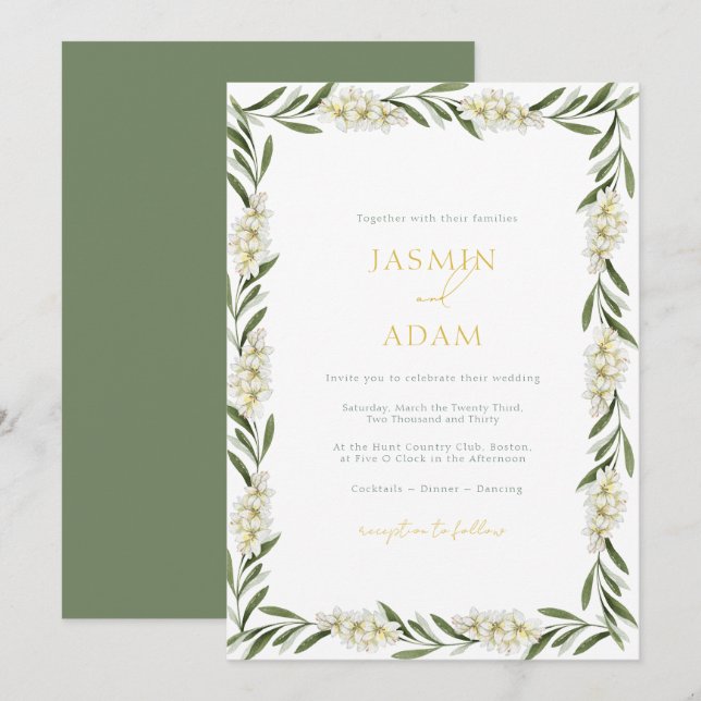 Convite Casamento Floral Verde Elegante Branco (Frente/Verso)