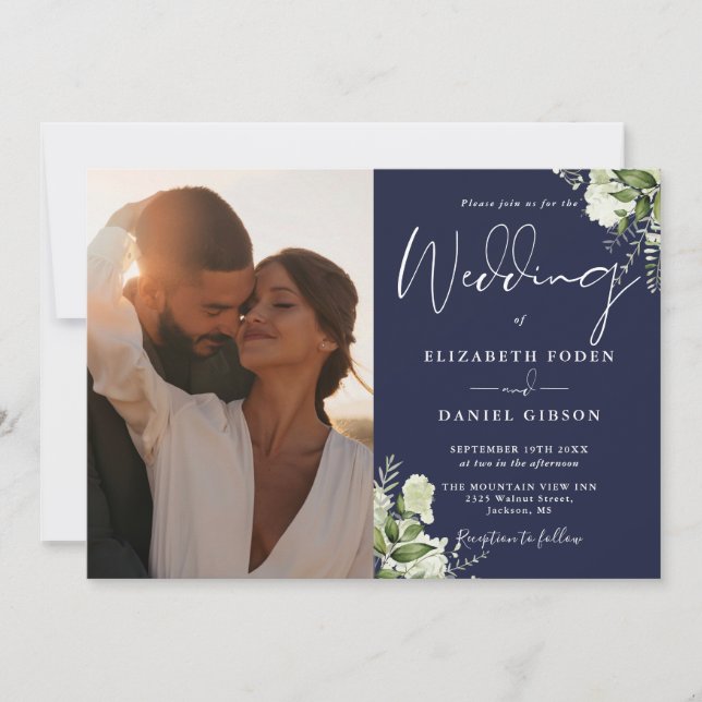 Convite Casamento Floral Verde Escuro Azul Marinho Código  (Frente)