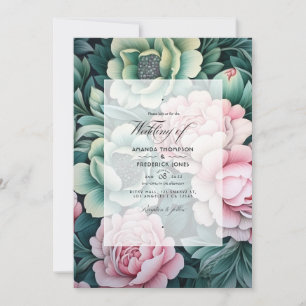 Convite Casamento Floral Verde Escuro e Rosa Pastel