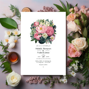 Convite Casamento Floral Verde Escuro e Rosa Pastel