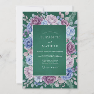 Convite Casamento Floral Verde-escuro Roxo