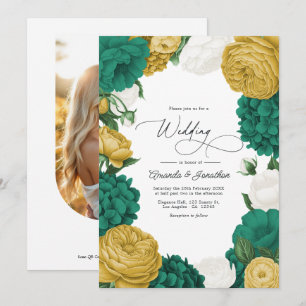 Convite Casamento Floral Verde Esmeralda, Branco e Dourado