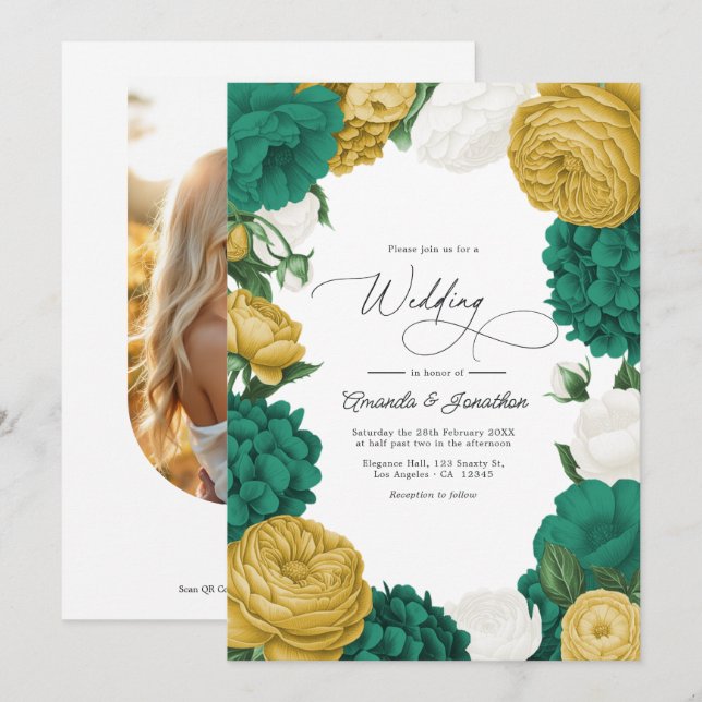 Convite Casamento Floral Verde Esmeralda, Branco e Dourado (Frente/Verso)