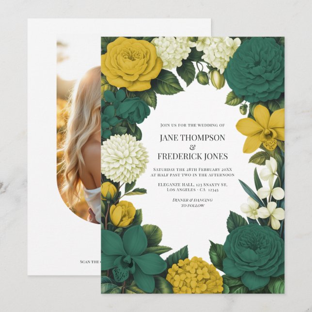 Convite Casamento Floral Verde Esmeralda, Dourado e Marfim (Frente/Verso)