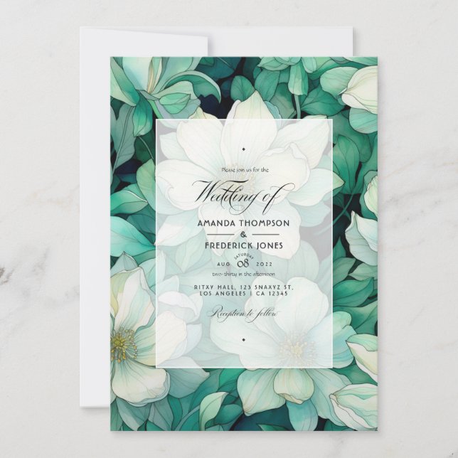 Convite Casamento Floral Verde Esmeralda e Prata (Frente)