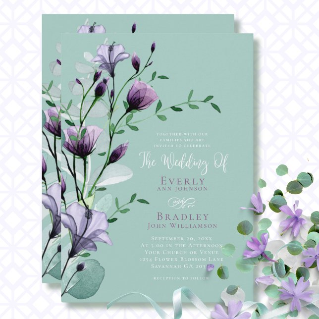 Convite Casamento Floral Verde Eucalyptus Purple Watercolo (Criador carregado)