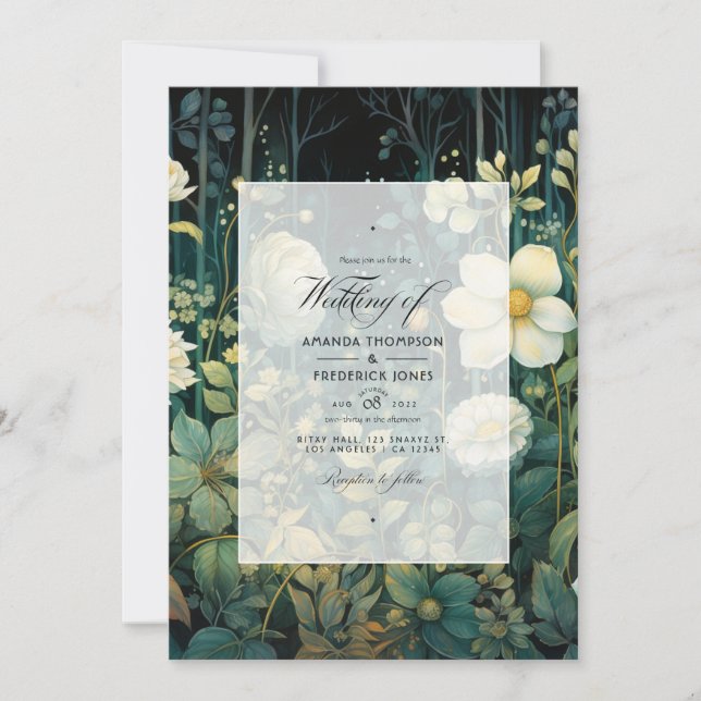 Convite Casamento Floral Verde Floresta, Branco e Dourado (Frente)