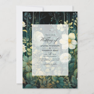 Convite Casamento Floral Verde Floresta, Branco e Dourado