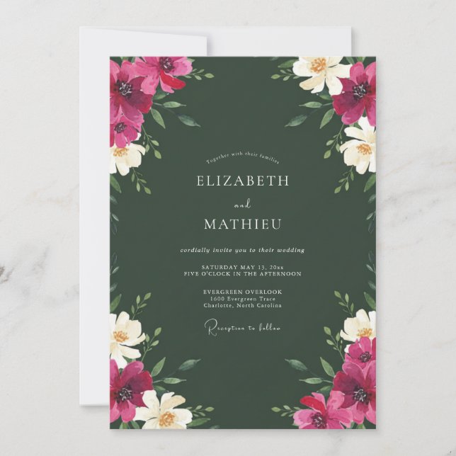 Convite Casamento Floral Verde Floresta Magenta (Frente)