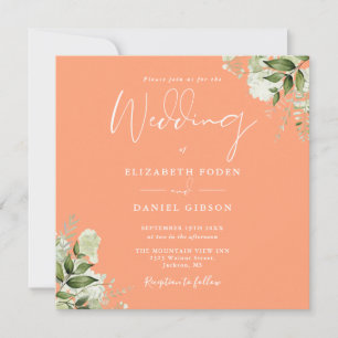 Convite Casamento Floral Verde Folhagem Pêssego Quadrado F