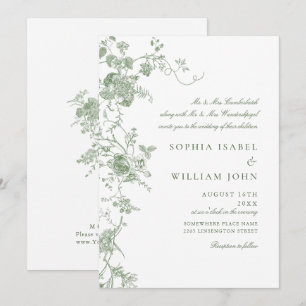 Convite Casamento Floral Verde Francês Elegante Vitoriano 
