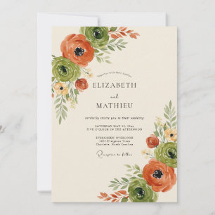 Convite Casamento Floral Verde Laranja Outono