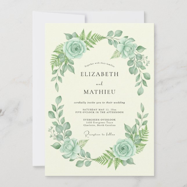 Convite Casamento Floral Verde Menta (Frente)