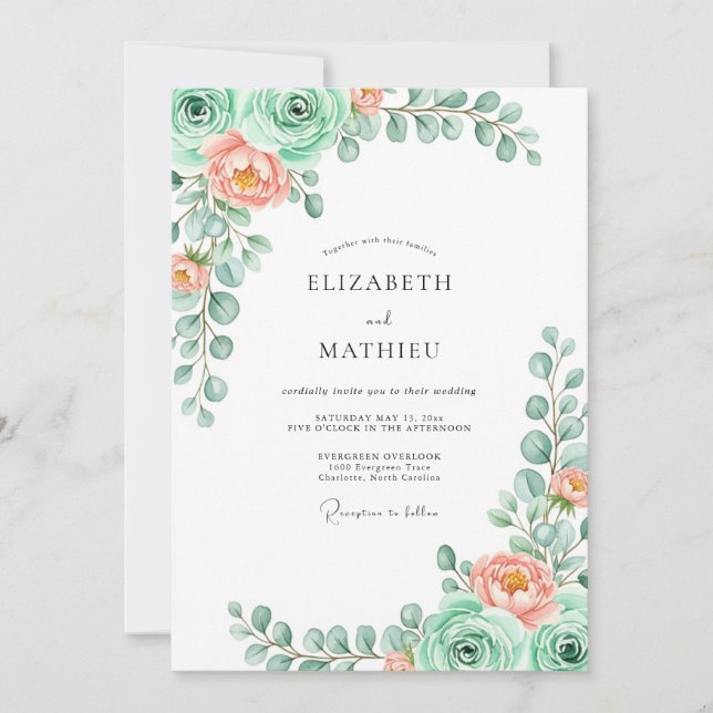 Convite Casamento Floral Verde Menta na Primavera (Frente)