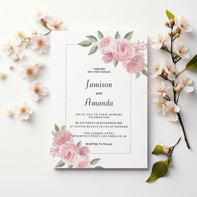 Convite Casamento floral verde menta pastel rosa Botânico (Botanical mint green pastel pink floral Wedding )