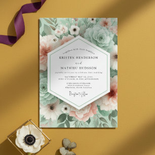 Convite Casamento Floral Verde Menta Romance