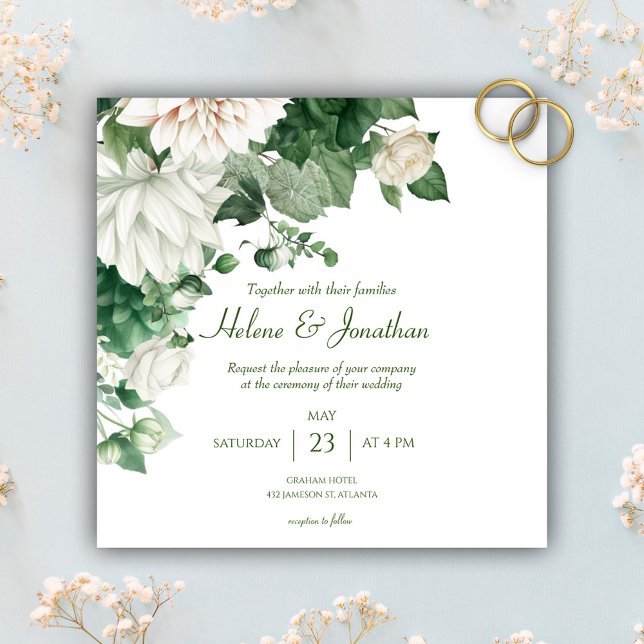Convite Casamento Floral Verde Moderno (Modern Emerald Green Floral Wedding Invitation)