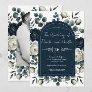 Convite Casamento Floral Verde Moderno Azul Escuro e Branc